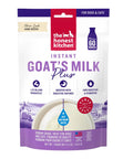 Human Grade Instant Goat Milk Powder Loaded With Probiotics To Settle Doggos And Kittens Tummies While Kickstarting Gut Health Perfect For Mixing Into Any Scoop As A Snappy Daily Nutrition Boost For Happy Fur Families 5.2 Ounces in a purple and white package with a bowl.