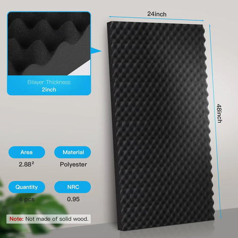 4 Pack 48 By 24 By 2 Inches Acoustic Panels Egg Crate Foam Soundproof Panels for walls and ceilings, black foam panel diagram.