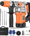 1-1/4 Inch SDS-Plus Heavy Duty Rotary Hammer Drill Workhorse with Safety Clutch and Vibration Control, shown with accessories