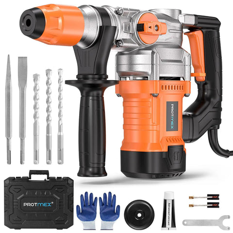 1-1/4 Inch SDS-Plus Heavy Duty Rotary Hammer Drill Workhorse with Safety Clutch and Vibration Control, shown with accessories