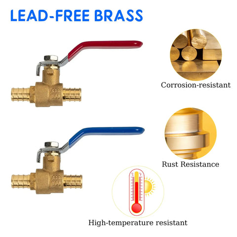 10 Pack 1/2 Inch PEX Brass Full Port Shut Off Ball Valve Hot And Cold Quarter Turn Red Blue Water Stop Valve Lead-Free Brass Construction