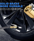 Close-up of Locking Tire Air Chuck Set With Brass Inflation Hose Adapter next to car tire, emphasizing brass durability.