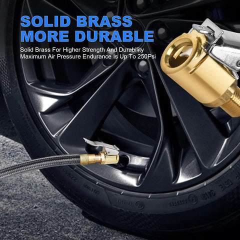 Close-up of Locking Tire Air Chuck Set With Brass Inflation Hose Adapter next to car tire, emphasizing brass durability.