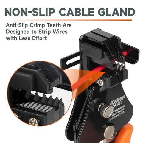3 In 1 Automatic Wire Stripper With Built In Cutter Adjustable Stripper For 18-8 AWG And 22-10 AWG Insulated Terminals Precision Crimping Tool ICP-510 Pro Grade features non-slip cable gland.