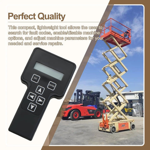 Heavy Hitter Analyzer Diagnostic Tool Plus Cable Program Kit For JLG Scissor And Boom Lifts displayed on a job site.