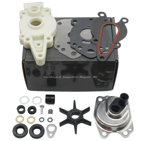 Outboard Water Pump Impeller Repair Kit For Mercury Mariner MerCruiser Force Outboard Motors 6 To 15 HP Replacement 46 42089A4 Includes Impeller Wear Plate Gasket Pump Base Housing Sear Quad Ring Screws And Washer Easy Install displayed on box