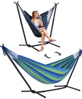 2 In 1 Hammock Chair With Stand For Relaxation Heavy Duty 475 Lbs Capacity Convertible Two Person Hammock Set In Blue Stripe
