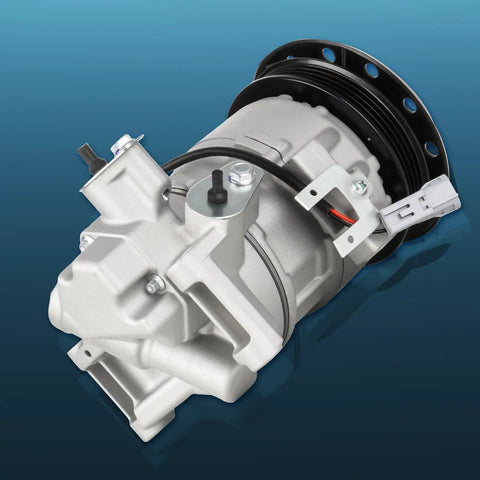 Fresh AC Air Conditioning Compressor Assembly With Clutch For Scion XA And XB 1.5L 2004 To 2006 side view showing silver metal finish and connections.