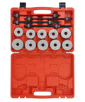 24 Piece Press And Pull Sleeve Kit For Wheel Bearings, Bushings And Seals in open red carrying case with 20 metal sleeves and spindles