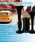 Heavy Duty 12 Volt Dual Trumpet Electric Air Horn With Turbo Compressor, Badass 135 Decibel Ripping Blast, Solid Copper Build, Universal Fit For Trucks SUVs Motorcycles Pickups Black close-up view with product parameters.
