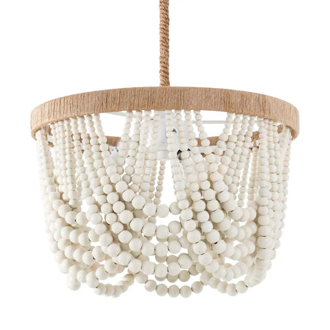 Bohemian Wood Beaded Pendant Light With White Finish Rustic Three Light Mini Chandelier, hand rope knot design