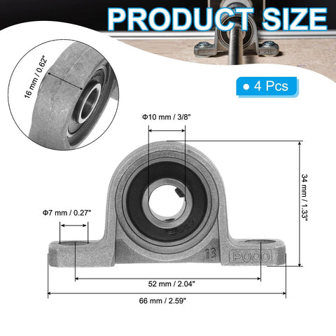 PATIKIL pillow block bearing with 3/8 in (10 mm) bore, 4-pack, zinc alloy steel mounting housing