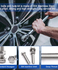 Heavy Duty Stainless Steel Hex Bolts And Nuts Kit In A Handy Portable Box, 16 Sizes From 1/4-20 To 1/2-13 being used on a car wheel
