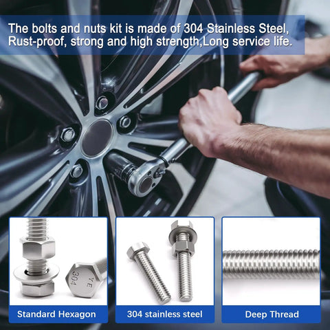Heavy Duty Stainless Steel Hex Bolts And Nuts Kit In A Handy Portable Box, 16 Sizes From 1/4-20 To 1/2-13 being used on a car wheel