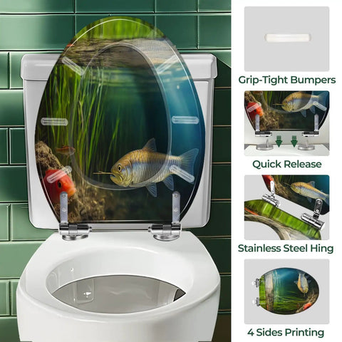 Elongated Resin Toilet Seat for Bathroom with fish design, 40-47cm length, stainless steel hinges for easy installation.