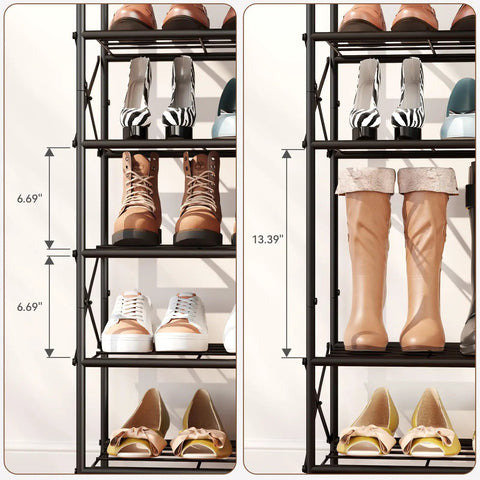Six Tier Shoe Rack With Large Capacity Built To Stash Up To 24 Pairs Of Shoes In A Tough Metal Frame, side view with shoes displayed