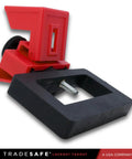 Three Pack Clamp On Circuit Breaker Lockout Device For 480 To 600 Volt Systems, red and black components, angled view