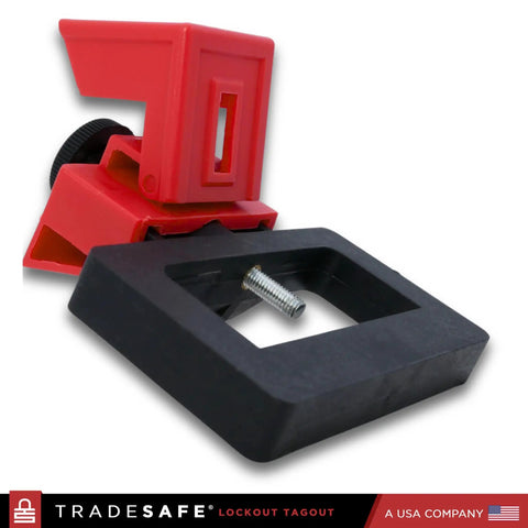 Three Pack Clamp On Circuit Breaker Lockout Device For 480 To 600 Volt Systems, red and black components, angled view