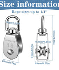 Heavy Duty 16 Pack M15 Single Pulley Block With 304 Stainless Steel Rope Roller And Cable Pulley Swivel Hook Wire Rope Towing Wheel For Lifting 80 Lb Capacity, showing size details.