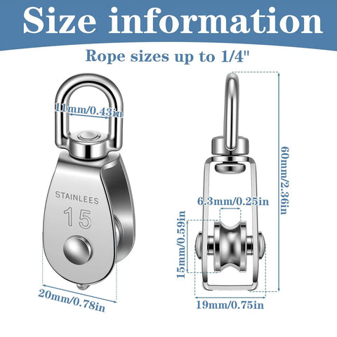 Heavy Duty 16 Pack M15 Single Pulley Block With 304 Stainless Steel Rope Roller And Cable Pulley Swivel Hook Wire Rope Towing Wheel For Lifting 80 Lb Capacity, showing size details.