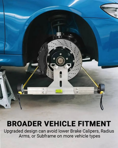 Garage Ready Heavy Duty Wheel Alignment Tool Kit With Tape Measures For Cars Trucks And SUVs showing stainless steel toe alignment tool in use on car