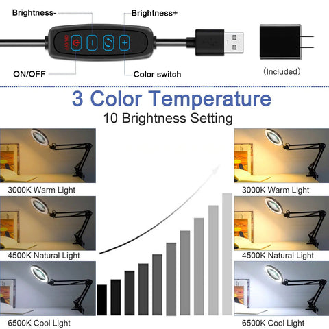 3 color temperature and dimmable modes for 2-In-1 Magnifying Lamp With Light And Clamp Stand, 5X Magnifier, 72 LED Desk Light
