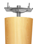 Heavy Duty Furniture Leg Mounting Plates 5 16 Inch T Bracket Kit With Hanger Bolts attached to wooden leg for sofa support.