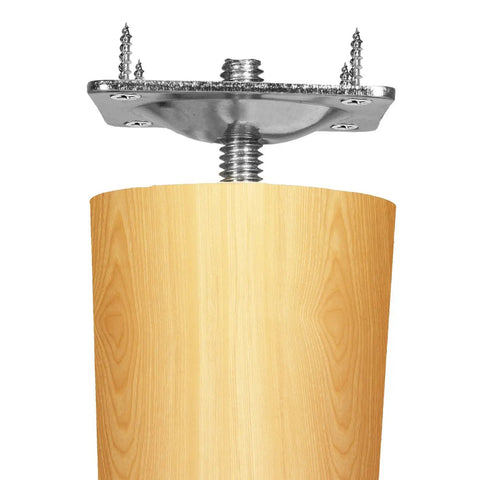 Heavy Duty Furniture Leg Mounting Plates 5 16 Inch T Bracket Kit With Hanger Bolts attached to wooden leg for sofa support.