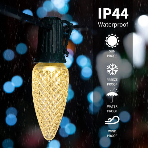Close-up of a glowing bulb from 58 Ft Outdoor Globe String Lights With Remote, 25 G40 Shatterproof Bulbs, Waterproof Connectable Patio Backyard Lighting, 4 Modes With Dimmer And Timer, Perfect For Parties And Cozy Outdoor Ambience under rain.