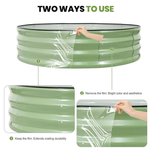 Olive Green Two Pack Galvanized Raised Garden Beds 4x4x1ft Round Design With Safety Rubber Strip Durable Metal Planters shown with protective film