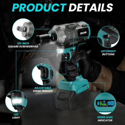 Close-up of Beefy Half Inch Cordless Impact Wrench With 950 Ft Lbs Torque, Brushless Power Tool, highlighting features.
