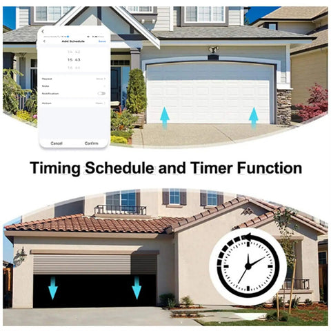 WiFi Door Controller With Voice Control Remote Kit Real Time Monitoring App Tuya Smart Life Compatible Gate Opener for Swing Gates, showing timing schedule on phone app and closed garage door.