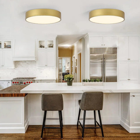 Ultra Sleek Gold Flush Mount Ceiling Light With White Acrylic Shade Contemporary 3 Light Round Fixture in modern kitchen