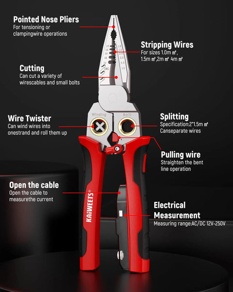 Kick Ass With KAIWEETS 9-In-1 Rechargeable Wire Stripper showing multi-functional pliers with red TPR grip for various electrical tasks.