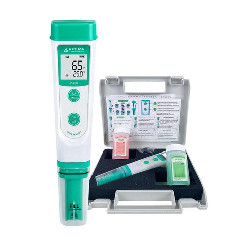 AI209 Value Series PH20 Waterproof pH Tester Kit with auto calibration, displayed with rugged case and included buffers four and seven.