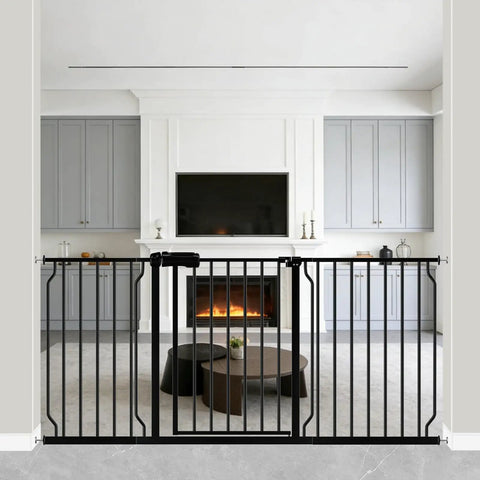 Extra Wide Walk Through Baby Gate For Stairs Doorways And Kitchen 62.19 To 66.92 Inches Adjustable Pressure Mounted Auto Close Black Metal Safety Gate For Toddlers Kids Dogs And Pets in modern living room