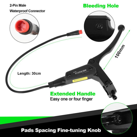 Side view of JFOYH e-bike hydraulic brake lever with 30cm hose and 100mm reach, 2-pin waterproof connector.