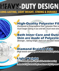 90 Ft 1/4 Inch Polyester Rope Diamond Braid, Nylon Like Durability, infographic on heavy-duty design features in black and blue.