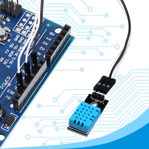 DHT11 Temperature and Humidity Sensor Module connected to a board for Arduino and Raspberry Pi