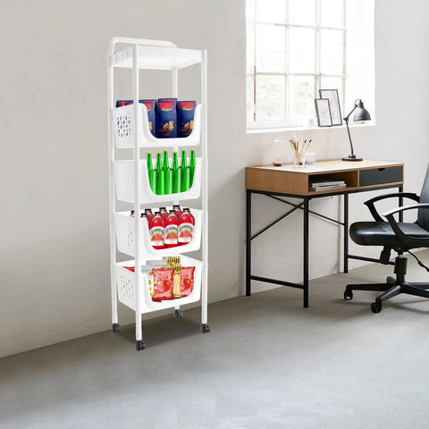 Keep Your Produce Fresh As A Daisy With This Five Tier Floor Standing Fruit And Vegetable Storage Basket Featuring Ventilated Plastic Bins, mobile storage cart with clear bins.
