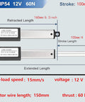 Diagram of 12V mini linear actuator with 4 inch stroke, 60N load, speed 15mm per second, showing retracted and extended lengths.