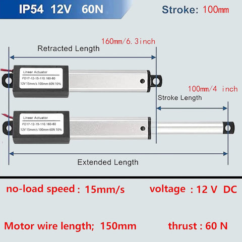 Diagram of 12V mini linear actuator with 4 inch stroke, 60N load, speed 15mm per second, showing retracted and extended lengths.