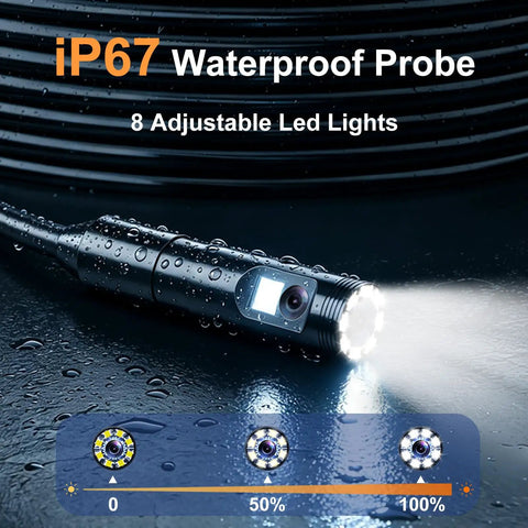 Dual Lens Endoscope Camera With Light Borescope showing IP67 waterproof capability and LED lights, for inspection use.