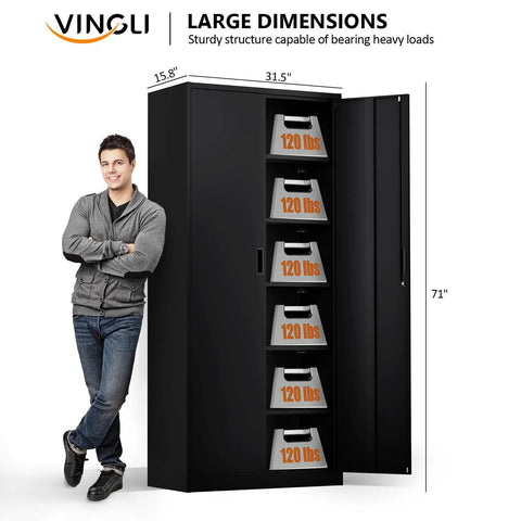 Heavy Gauge Steel Storage Cabinet With Two Doors And Five Adjustable Shelves, Seventy One Inch Tall, black, 120 lbs capacity per shelf.