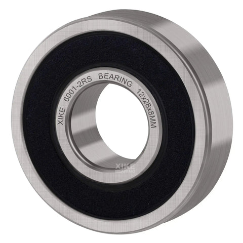 Close-up of a 4 Pack 6001 2RS Deep Groove Ball Bearing 12 By 28 By 8 Mm with Double Rubber Seals for electric motors.