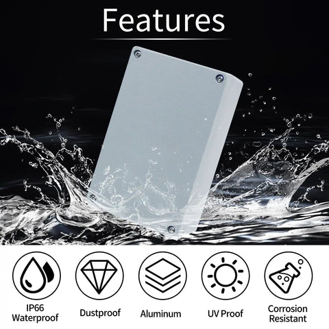 Heavy Duty Aluminum Alloy Junction Box With IP66 Waterproof Seal featured in water droplets, showcasing its toughness and durability.