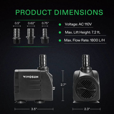VIVOSUN black 480 GPH submersible pump; side and front views with 3 nozzle adapters and dimensions 3.5in L × 2.3in W × 2.7in H.
