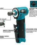 Tough As Nails 12V Cordless Right Angle Die Grinder Kit with ergonomic design, LED light, safety trigger, and variable speed control.