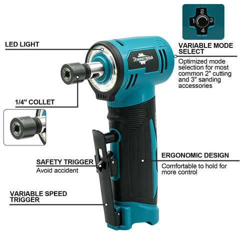 Tough As Nails 12V Cordless Right Angle Die Grinder Kit with ergonomic design, LED light, safety trigger, and variable speed control.
