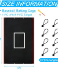 Heavy Duty Vinyl Backstop For Batting Cages 4 x 6 Feet Baseball And Softball Hitting And Pitching Backdrop Net Saver PVC Coated Backdrop For Backyard Practice, shown with dimensions and 8 bungees